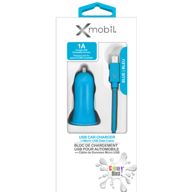 Colour Blast Car Charger 1 Amp w/Micro USB Cable Blue