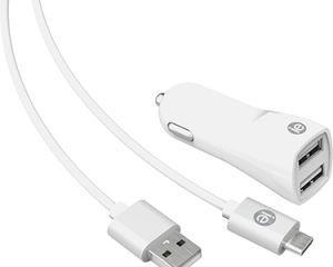 iEssentials Car Charger 2.4amp 2 Port USB-A with USB-C to USB- A Cable - White