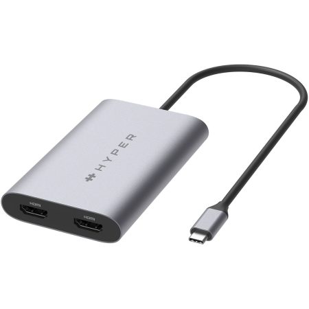 Hyper HDMI Dual 4K Monitor Adapter USB-C Universal HyperDrive - Connect 2 HDMI Monitors - Power Deliver Pass Through - Silver