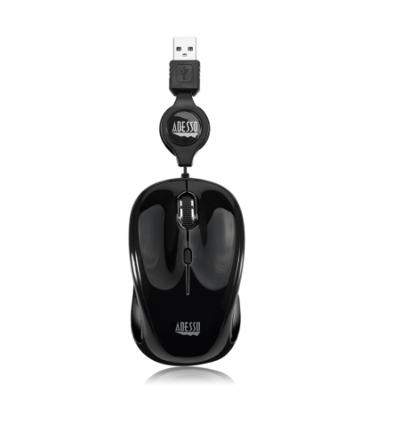 Adesso Mouse Wired Retractable Cord 2.5ft S8B 3 Button up to 1200dpi PC/Mac - Black