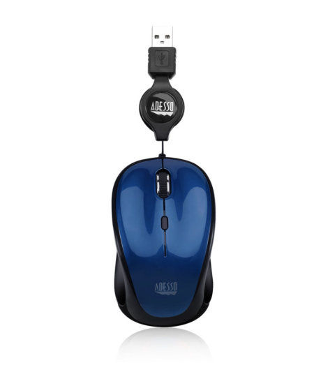 Adesso Mouse Wired Retractable Cord 2.5ft S8L 3 Button up to 1200dpi PC/Mac - Blue
