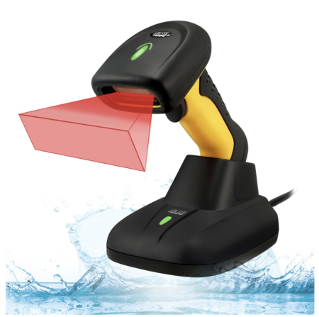 Adesso Barcode Scanner IP67 Waterproof Antimicrobial USB Wireless 2D QR 1D Barcodes with Charging Cradle Drop Protection - Black & Yellow