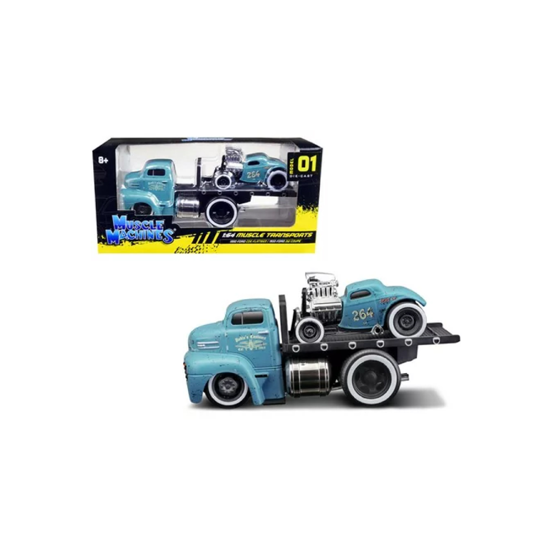 Muscle Machines Model 01 1950 Ford COE Flatbed Truck 1933 Ford 3W Coupe with Graphics Weathered 1/64 Diecast Model Cars Replica - Toy Light Blue