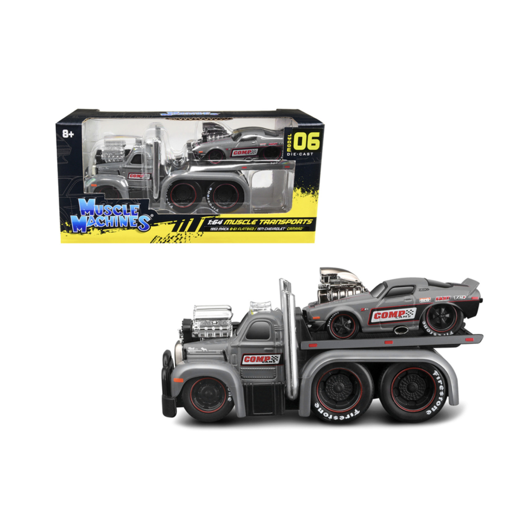Muscle Machines Model 06 1953 Mack B 61 Flatbed + 1971 Chevy Camaro Muscle Car 1/64 Diecast Model Cars Toy