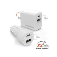 HyperGear Combo Bundle - Wall Charger 34W 2 Port (20W Power Delivery USB-C & 12W USB-A) & Car Charger 2 Port 20W (20W USB-C & 12W USB-A) - White