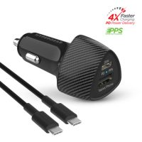 HyperGear Car Charger 2 Port 25W USB-A (12W) USB-C (25W)PD PPS SpeedBoost with 4ft USB-C to USB-C Cable - Black