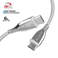 Naztech Charge & Sync PD USB-C to USB-C Titanium Braided Ballistic Nylon Cable 6ft PD up to 60W Fast Charge Reinforced Metal Alloy Connectors - White