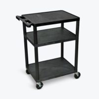 Luxor AV Cart 34in Molded Plastic 3 Shelves up to 400lbs Rugged Heavy Duty Casters with Locking 3 Outlet 15ft Surge Cord Included - Black