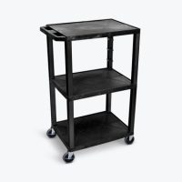 Luxor AV Cart 24in Molded Plastic 3 Shelves Flat 42in High Eco-Friendly Recycled Plastic Resin up to 300lbs 3 Outlet Power Strip 15ft Cord - Black