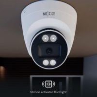 Nexxt Smart Home Indoor (Covered Outdoor) Turret Wifi Camera 2K Wired Motion Activated Light 400 Lumens - 2 Way Communication Night Vision - Siren  - White