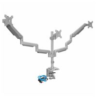 Mount-It! Triple Monitor Mount Desktop Clamp with USB-C & USB-A 3.0 & Aux Portc Up to 32in per Arm Tilt Swivel & Rotation  VESA - Silver