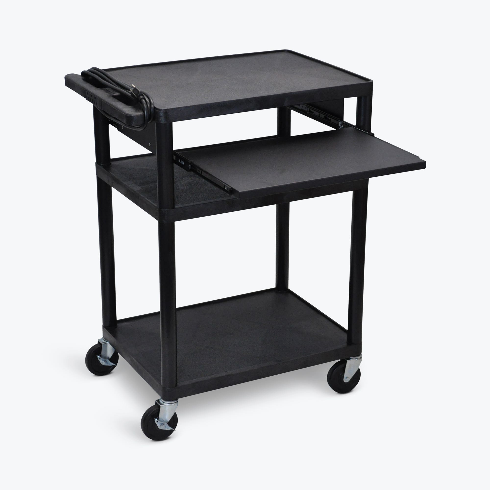 Luxor AV Cart 32in Molded Plastic 3 Shelves with Kefyboard Tray Casters with 3 Outlet Power Bar – Black Luxor AV Cart 32in Molded Plastic 3 Shelves with Kefyboard Tray Casters with 3 Outlet Power Bar - Black