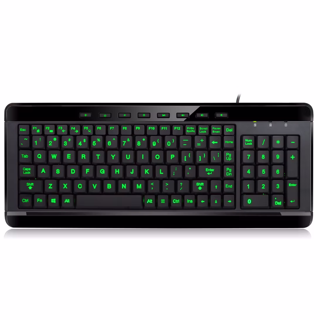 Adesso Keyboard Wired 2x Large Print Multimedia 3 Color Illuminated Backlight PC - Black