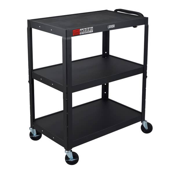 Luxor AV Cart XL Steel Adjustable Height with Locking Cabinet 3 Outlet Power Bar with 15ft Cord – Black Luxor AV Cart XL Steel Adjustable Height with Locking Cabinet 3 Outlet Power Bar with 15ft Cord - Black