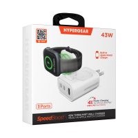 HyperGear Wall Charger 3 Port 43W 2x USB-C (20W) 1x USB-A (18W) PD PPS SpeedBoost Quick Charge with Built-In Magnetic Charging Mount for Apple Watch - White